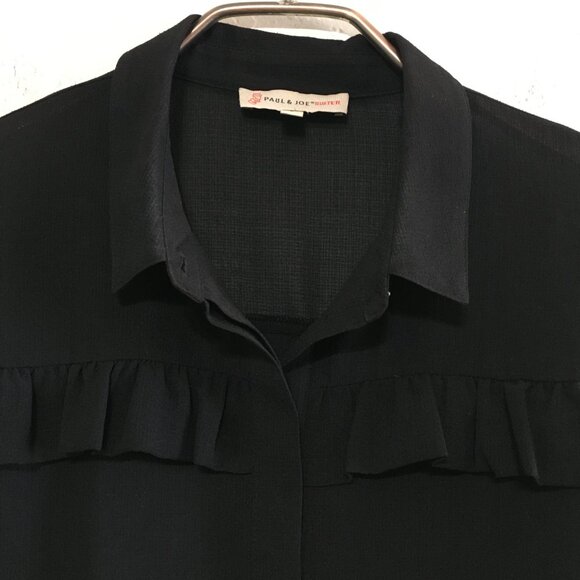 Paul & Joe Sister Black Flowy Semi-Sheer Blouse Size 3 Button Down Collar Ruffle - Picture 2 of 14